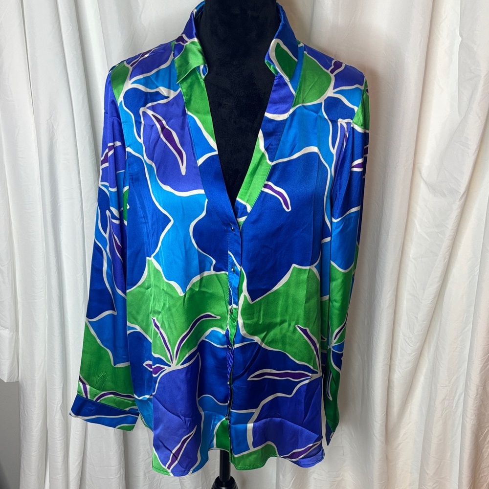 Zara Blue Green Floral Satin Button-Up Blouse